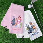 Personalized Cartoon Golf Woman 100% Cotton Absorbent Waffle Golf Towel with Name and Hanging Clip Sports Accessories Birthday Gift for Golf Lovers