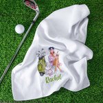 Personalized Cartoon Golf Woman 100% Cotton Absorbent Waffle Golf Towel with Name and Hanging Clip Sports Accessories Birthday Gift for Golf Lovers