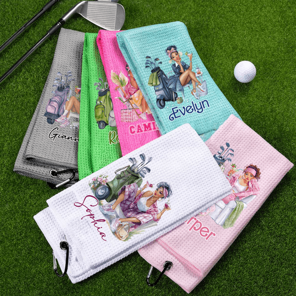 Henkilökohtainen sarjakuva Golf Woman 100% puuvillaa imukykyinen vohveli golfpyyhe nimellä ja ripustamalla klipsi urheilutarvikkeet syntymäpäivälahja golf ystäville