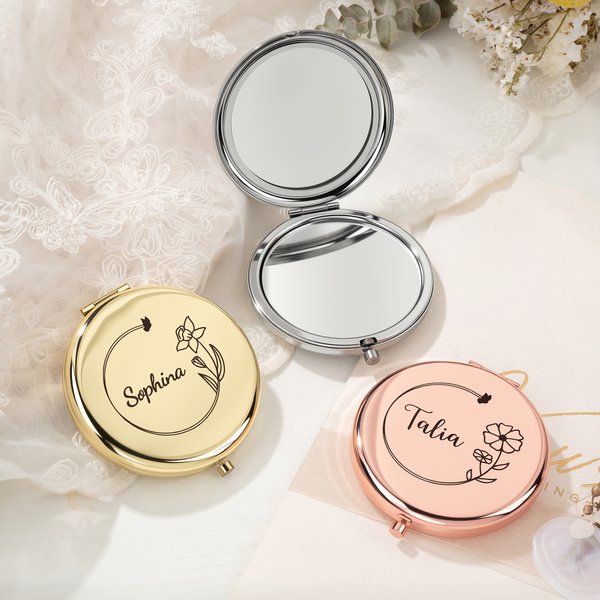 Gepersonaliseerde Geboorte Bloem Zak make-up spiegel met gegraveerde naam Verjaardag Huwelijk Gift voor vrouwen bruidsmeisjes