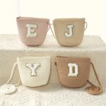 Gepersonaliseerde Boho Verstelbare Rieten Kindertas met Chenille Initiaal Verjaardag Bruiloft Kerstcadeau voor Peuters Bloemen Meisjes Kinderen