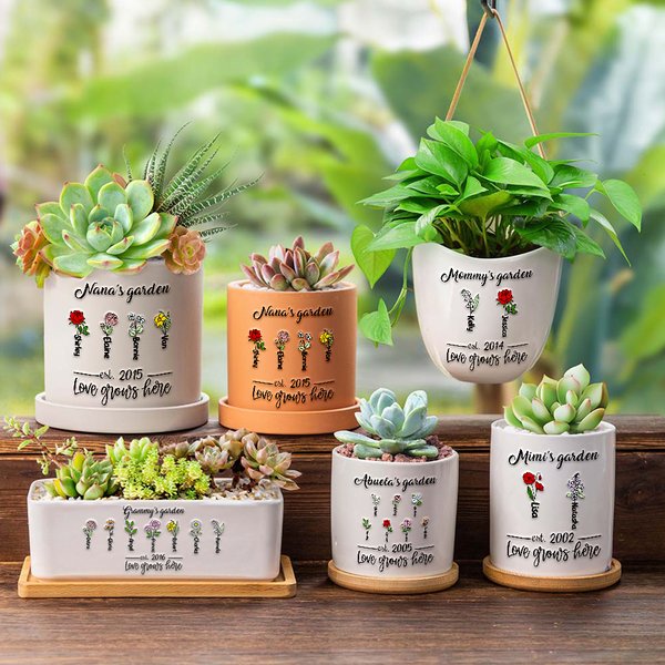 Maceta Personalizada con Múltiples Estilos 1-12 Nombres de Flores de Nacimiento con Agujero de Drenaje y Base Regalo del Día de la Madre para Mamá Abuela