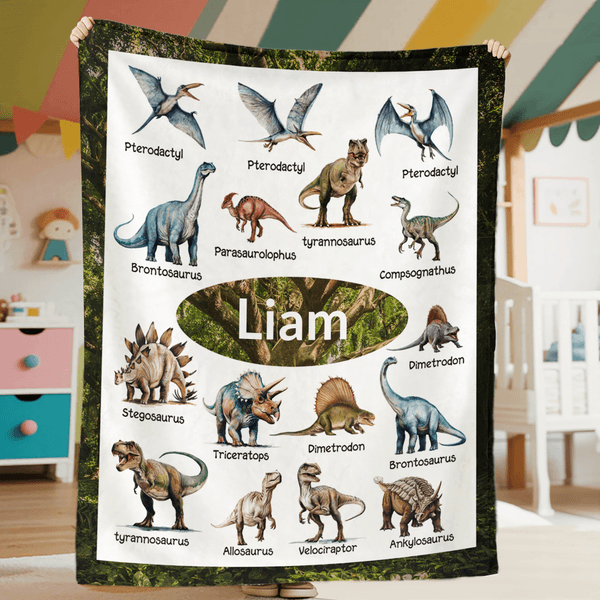 Personalized Forest Dinosaur Soft Throw Blanket with Name Home Decor Birthday Gift for Kids Dinosaur Lovers