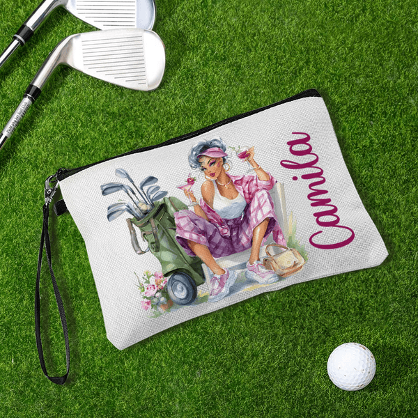 Gepersonaliseerde aquarel Fashion Golf karakter naam Make-up tas met polsband dagelijks gebruik Kerst Verjaardag Gift voor vrouwen Golfspelers Lovers