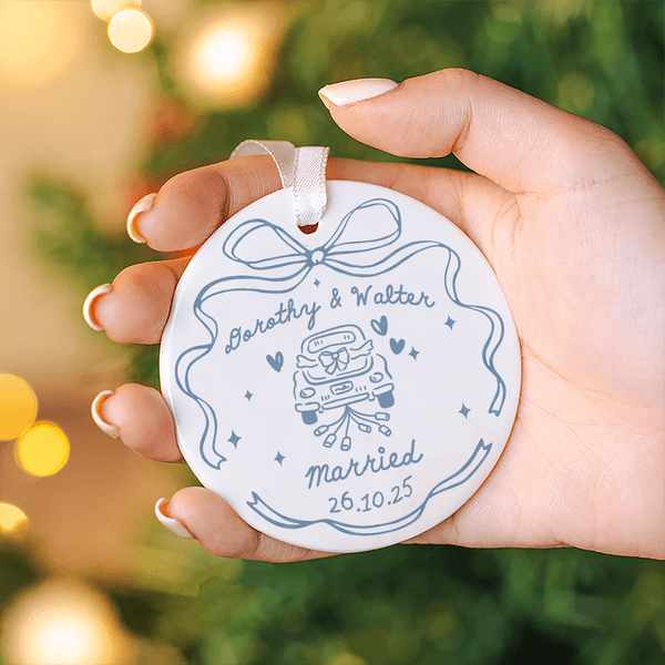 Personalized Romantic Wedding Bow Ceramic Ornament with Name and Date Christmas Tree Decor Wedding Gift for Newlyweds Couples