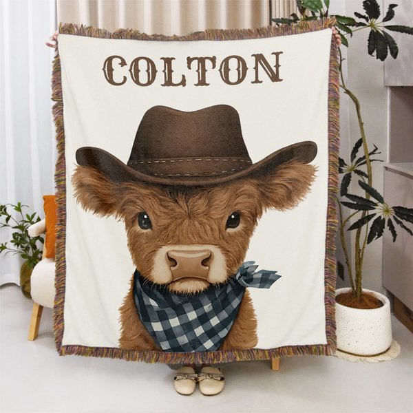 Spersonalizowany rustykalny kocyk z frędzlami Western Cowboy Highland Cow Miękki 100% bawełniany kocyk dziecięcy z imieniem i nazwiskiem Dekoracja pokoju dziecięcego Prezent na baby shower dla nowych 