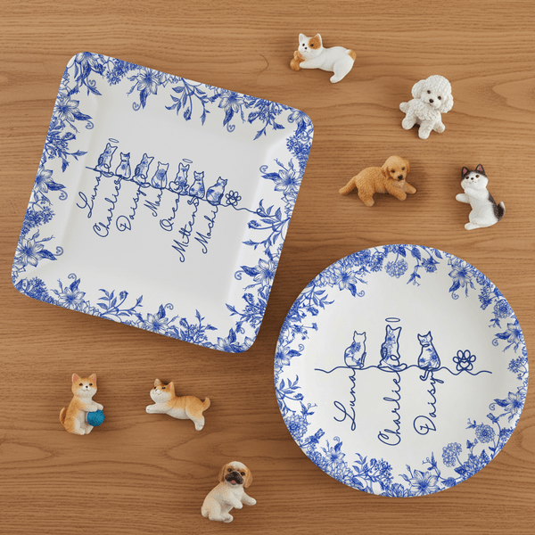 Personlig Toile De Jouy 1-7 Line Dogs Cats Ceramic Trinket Smykkeskål med navn Memorial Bursdagsgave til kvinner kjæledyrseiere