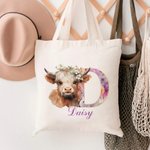 Henkilökohtainen söpö Highland Cow Canvas Kangaskassi laukku nimi ja kukka Initial syntymäpäivälahja tytöille ystävät