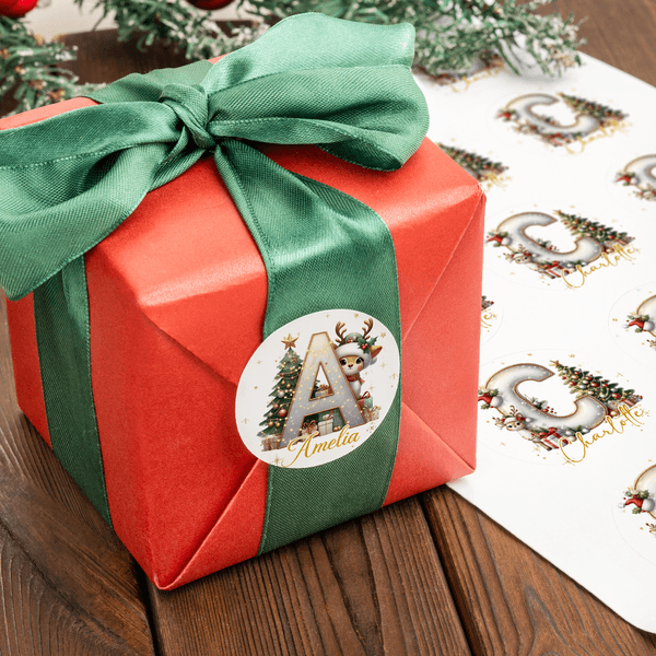 Renne doré personnalisé arbre de Noël étiquettes autocollantes imperméables avec initiales et nom Décoration de cadeau fête de Noël Favor pour la famille enfants