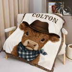 Spersonalizowany rustykalny kocyk z frędzlami Western Cowboy Highland Cow Miękki 100% bawełniany kocyk dziecięcy z imieniem i nazwiskiem Dekoracja pokoju dziecięcego Prezent na baby shower dla nowych 