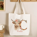 Personalised Cute Highland Cow Canvas Tote Bag with Name and Flower Initial Birthday Gift for Girls Friends