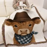 Spersonalizowany rustykalny kocyk z frędzlami Western Cowboy Highland Cow Miękki 100% bawełniany kocyk dziecięcy z imieniem i nazwiskiem Dekoracja pokoju dziecięcego Prezent na baby shower dla nowych 