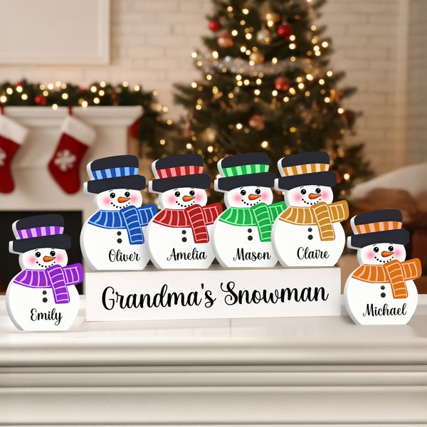 Personalised Cute 1-10 Snowmen Decoration with Name and Wooden Base Home Decor Christmas Gift for Family