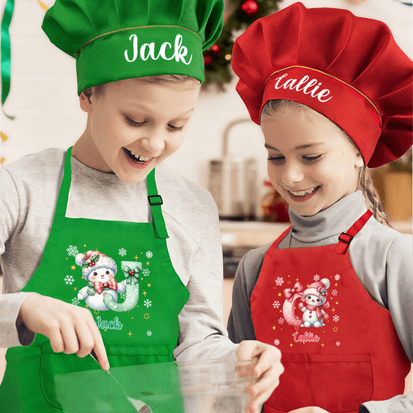 Personalised Cartoon Christmas Hat Snowman Initial Adjustable Kid Apron Chef Hat Set with Name and Pocket for Cooking Christmas Gift for Kids