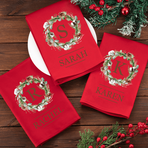 Serviette de Table 100 % Coton Personnalisée avec Initiale Nom et Motif de Couronne Décoration Table Cadeau Noël pour Famille et Amis