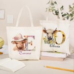 Henkilökohtainen söpö Highland Cow Canvas Kangaskassi laukku nimi ja kukka Initial syntymäpäivälahja tytöille ystävät