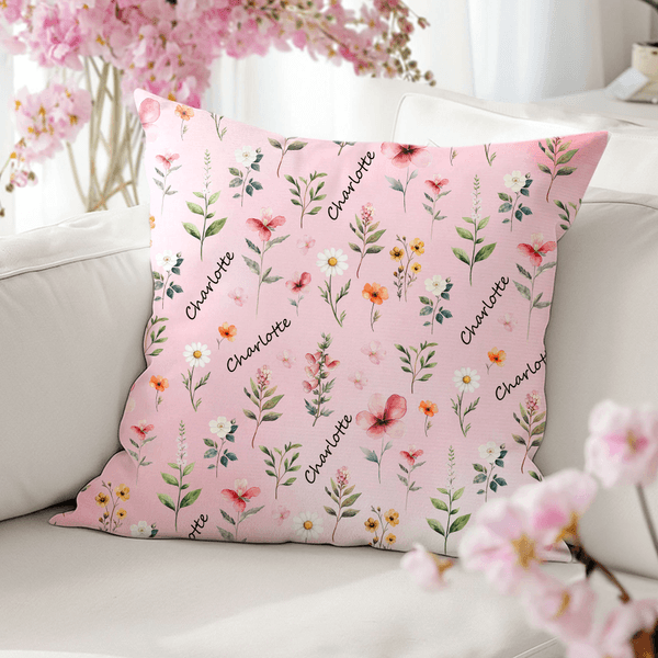 Personalised Watercolour Wildflower Soft Throw Pillow Cover with Name Home Decor Housewarming Birthday Christmas Gift for Family Friends Women
