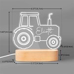Personlig grävmaskin traktor design justerbar LED nattlampa med namn och träbas för barnrum doppresent födelsedagspresent för pojkar