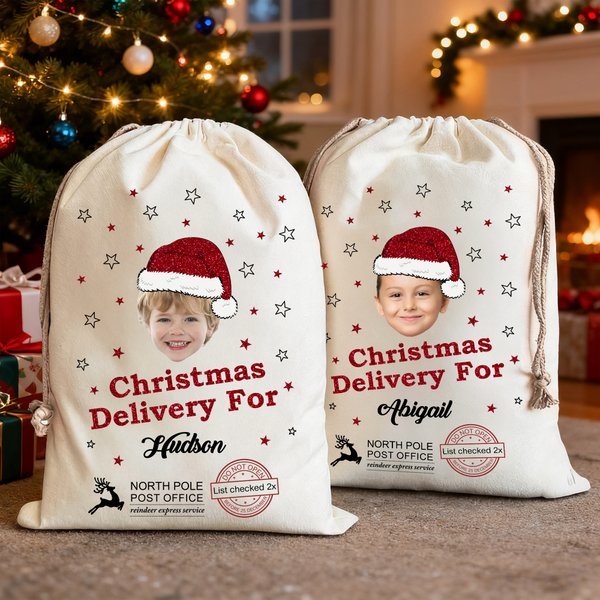 Personalized Christmas Hat Star Elk Large Drawstring Christmas Gift Bag with Name and Photo Christmas Party Gift for Kids Friends