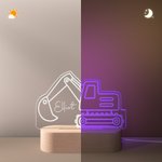Personlig grävmaskin traktor design justerbar LED nattlampa med namn och träbas för barnrum doppresent födelsedagspresent för pojkar