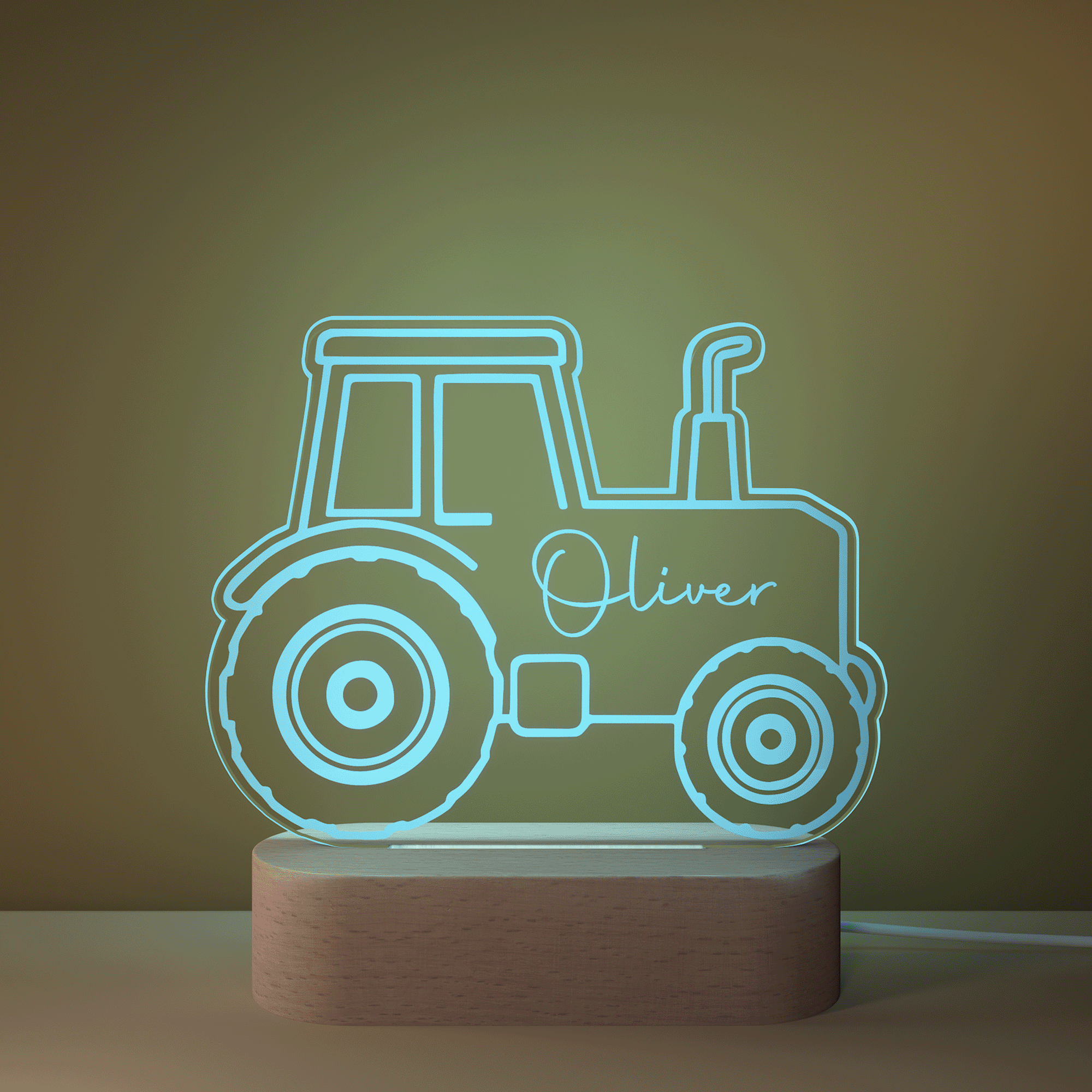Personlig grävmaskin traktor design justerbar LED nattlampa med namn och träbas för barnrum doppresent födelsedagspresent för pojkar