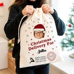 Personalized Christmas Hat Star Elk Large Drawstring Christmas Gift Bag with Name and Photo Christmas Party Gift for Kids Friends
