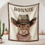 Spersonalizowany rustykalny kocyk z frędzlami Western Cowboy Highland Cow Miękki 100% bawełniany kocyk dziecięcy z imieniem i nazwiskiem Dekoracja pokoju dziecięcego Prezent na baby shower dla nowych 