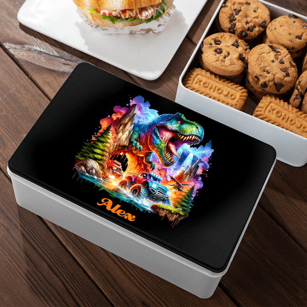 Personlig Dinosaurie Off-Road Vehicle Food Grade Metal Biscuit Tin Box med namn Födelsedag julklapp för barn
