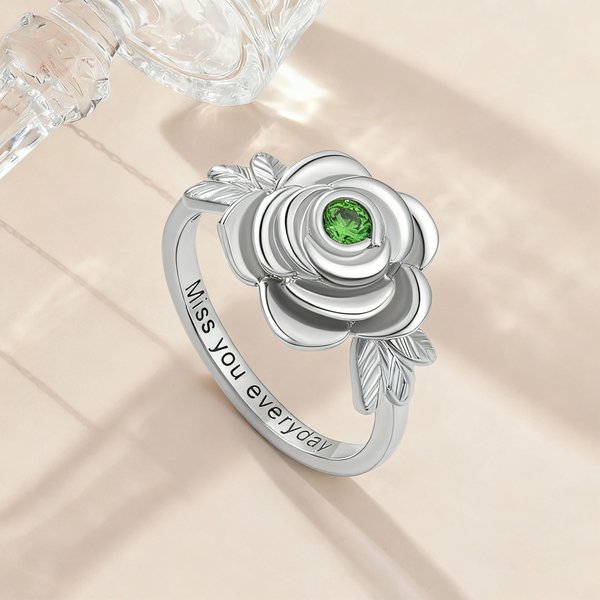 Personalised Birthstone Rose Flower Urn Ring with Engraved Text Cremation Jewellery for Ashes of Loved Ones Memorial Gift for Women