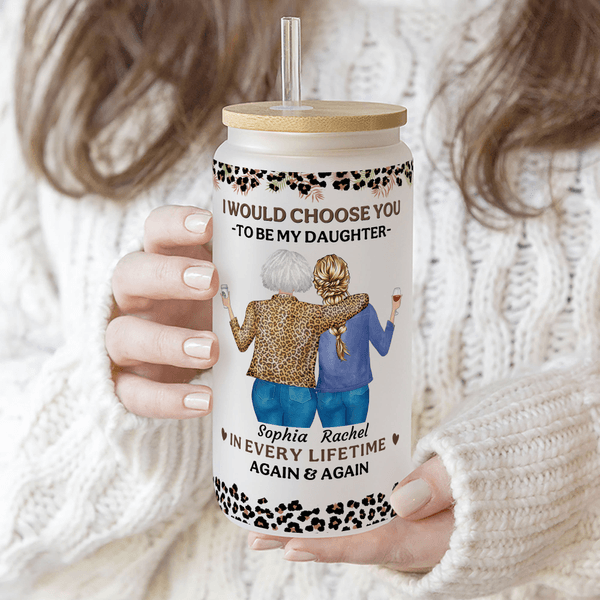 Personalisierte Leopard Cartoon Mutter und Tochter 20 oz mattiertes Klarglas Becher mit Namen und Stroh Geburtstag Geschenk für Frauen