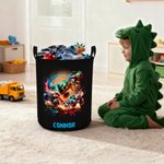 Spersonalizowany kosz na pranie Dinosaur Truck o dużej pojemności z imieniem Urodzinowy prezent świąteczny dla chłopców Miłośnicy ciężarówek z dinozaurami