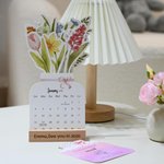 Calendario de Escritorio Personalizado Acuarela Floral 2026 con Texto Grabado y Base de Madera Decoración del Hogar Regalo de Año Nuevo para Amigos de la Familia