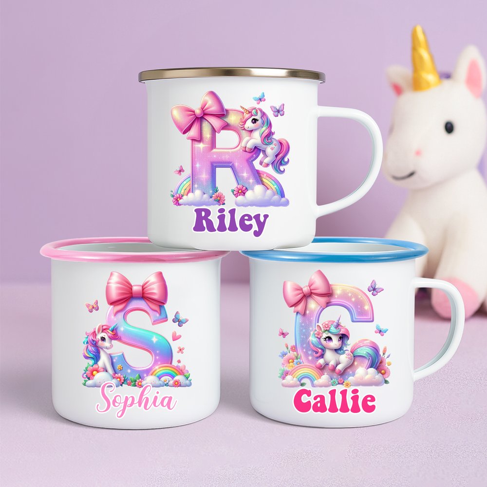 Personalized Cute Fantasy Unicorn Dinosaur 12 oz Multicolour Enamel Mug with Name and Initial Daily Use Birthday Back to School Gift for Kids 7