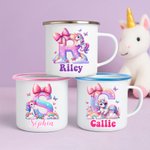 Personalized Cute Fantasy Unicorn Dinosaur 12 oz Multicolour Enamel Mug with Name and Initial Daily Use Birthday Back to School Gift for Kids 7
