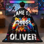 Personalised Gamepad Splatter Paint Soft Throw Blanket with Name and Title Home Decor Birthday Gift for Game Lover Kid