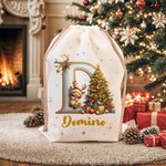 Personalized Cute Cartoon Elk Christmas Tree Initial Canvas Drawstring Gift Bag with Name Christmas Gift for Friends Family