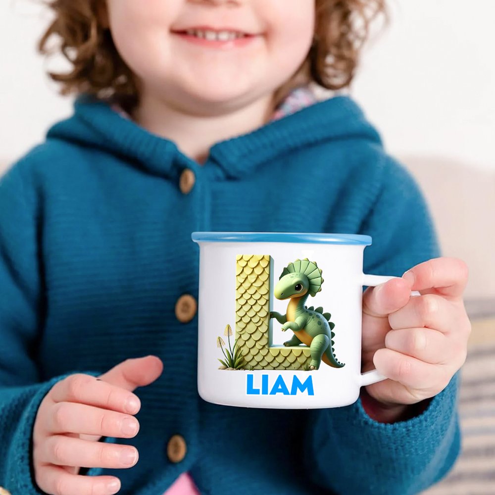 Personalized Cute Fantasy Unicorn Dinosaur 12 oz Multicolour Enamel Mug with Name and Initial Daily Use Birthday Back to School Gift for Kids 2