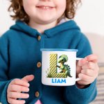 Personalized Cute Fantasy Unicorn Dinosaur 12 oz Multicolour Enamel Mug with Name and Initial Daily Use Birthday Back to School Gift for Kids 2