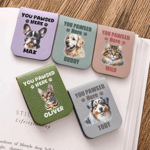 Gepersonaliseerde leuke hond kat gezicht foto PU lederen magnetische bladwijzer Clip met naam lezen accessoires kerstcadeau voor dierenliefhebbers boekenwurmen
