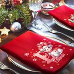 Personalised Snowman Snowflake Bow Initial 100% Cotton Red Reusable Napkin with Name Table Decor Christmas Gift for Family Friend