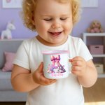 Personalized Cute Fantasy Unicorn Dinosaur 12 oz Multicolour Enamel Mug with Name and Initial Daily Use Birthday Back to School Gift for Kids 3