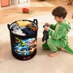 Spersonalizowany kosz na pranie Dinosaur Truck o dużej pojemności z imieniem Urodzinowy prezent świąteczny dla chłopców Miłośnicy ciężarówek z dinozaurami