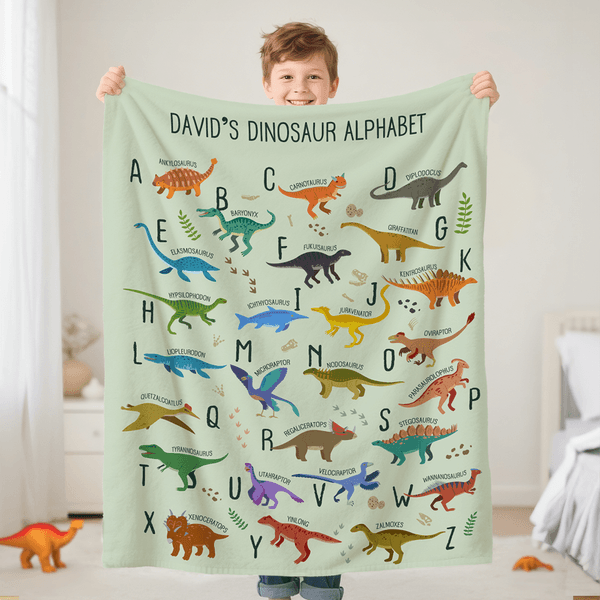 Gepersonaliseerde Multicolor Cartoon Dinosaurus Alfabet Zachte Deken met Naam Kerstmis Verjaardagscadeau voor Peuters Kinderen