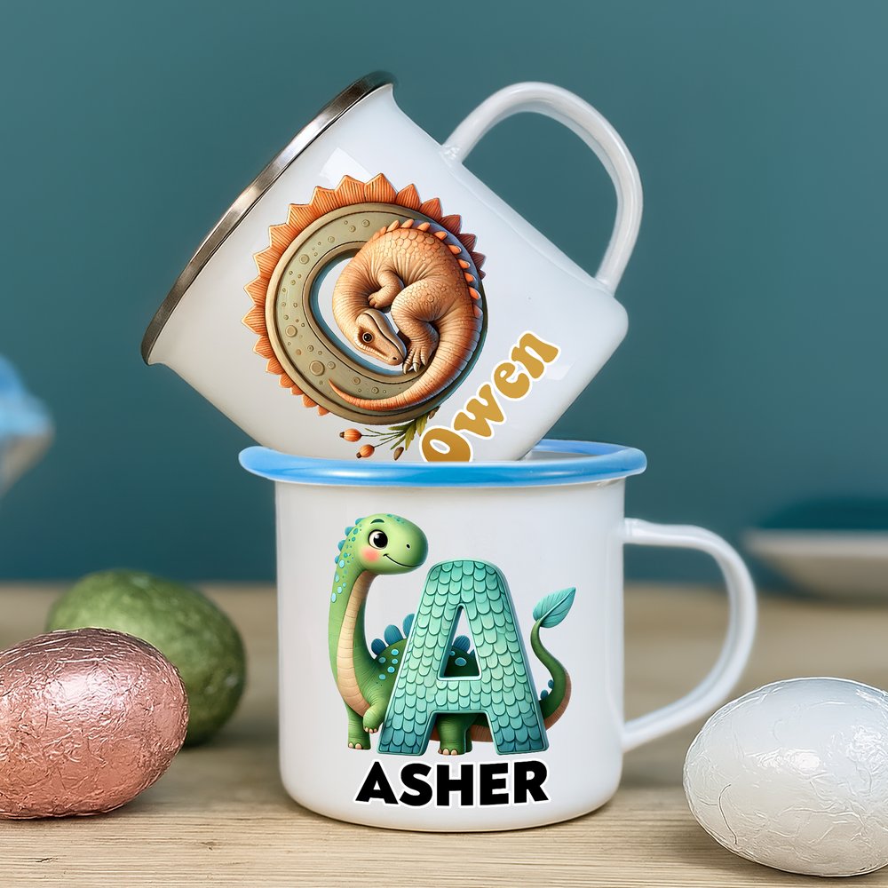 Personalized Cute Fantasy Unicorn Dinosaur 12 oz Multicolour Enamel Mug with Name and Initial Daily Use Birthday Back to School Gift for Kids 6