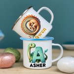 Personalized Cute Fantasy Unicorn Dinosaur 12 oz Multicolour Enamel Mug with Name and Initial Daily Use Birthday Back to School Gift for Kids 6