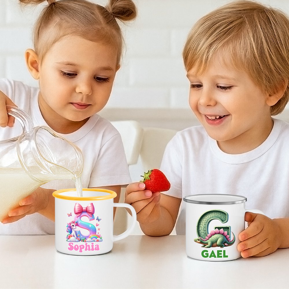 Personalized Cute Fantasy Unicorn Dinosaur 12 oz Multicolour Enamel Mug with Name and Initial Daily Use Birthday Back to School Gift for Kids 5