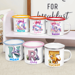 Personalized Cute Fantasy Unicorn Dinosaur 12 oz Multicolour Enamel Mug with Name and Initial Daily Use Birthday Back to School Gift for Kids