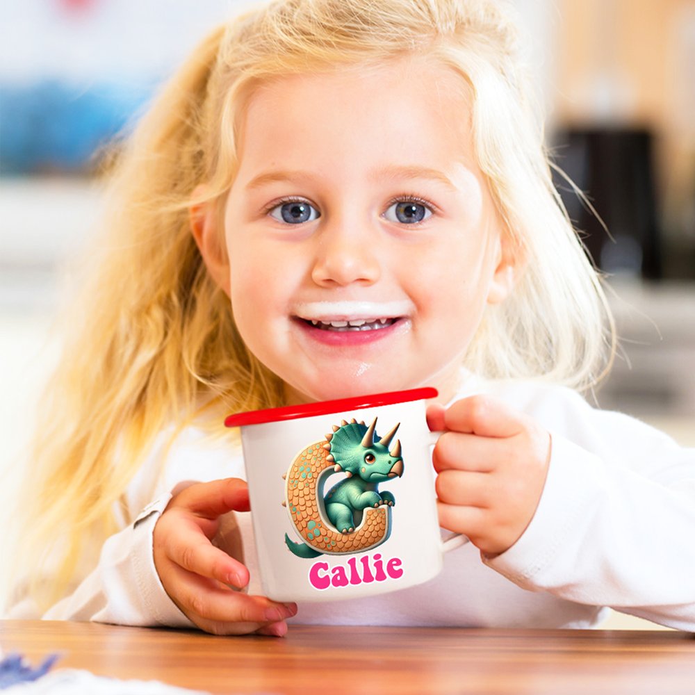 Personalized Cute Fantasy Unicorn Dinosaur 12 oz Multicolour Enamel Mug with Name and Initial Daily Use Birthday Back to School Gift for Kids 4