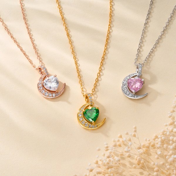 Personalised Zircon Crescent Moon Star Necklace with Heart-Shaped Birthstone Exquisite Jewellery Christmas Birthday Gift for Girl Woman
