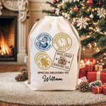 Personalized Christmas Stamp Special Delivery Drawstring Canvas Gift Bag with Name Christmas Eve Party Favors for Kids Friends Family